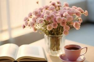 ai genererad närbild av små rosa blommor bukett i glas vas med suddig mjuk fokuserade bakgrund av rosa kopp av te eller kaffe och öppnad bok förbi de fönster. långsam levande begrepp. generativ ai. foto