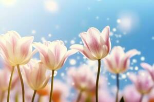 ai genererad skön blomning tulpan fält på abstrakt blå himmel i våren, blommig begrepp. generativ ai. foto
