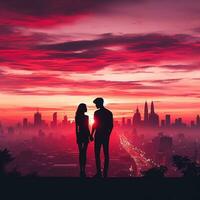 ai genererad silhouetted kärlek par mot de stad solnedgång foto