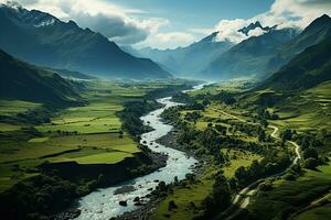 ai genererad panorama- se av de bergen och de flod. schweiz. generativ ai foto