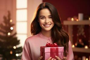 ai genererad en kvinna innehav en rosa gåva låda med en leende på henne ansikte foto