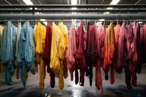 ai genererad färgrik silke garn hängande på en klädstreck i en fabrik, färgning tyger och garn i en produktion odla, ai genererad foto