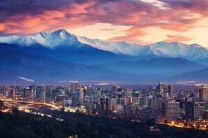 ai genererad panorama- se av de stad av seoul på solnedgång, söder korea, kväll panorama av santiago de chile, ai genererad foto