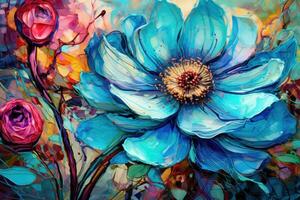 ai genererad skön blå blomma, vattenfärg målning. ritad för hand illustration, blomma konstverk i de stil av skåpbil gogh, ai genererad foto