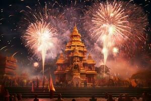 ai genererad fyrverkeri över phra den där suthon mongkhon khiri tempel, thailand, fyrverkeri ovan en hindu tempel under diwali eller deepavali, ai genererad foto