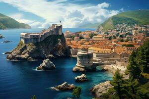 ai genererad dubrovnik gammal stad på de adriatisk hav, kroatien, allmän se av dubrovnik - fästningar lovrijenac och bokar sett, ai genererad foto