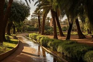ai genererad parkera i de stad av Sevilla, andalusien, spanien, trädgårdar och träd i de urban parker av marrakech, marocko, ai genererad foto