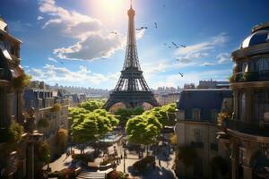 ai genererad eiffel torn i paris, Frankrike med fåglar flygande i de himmel, eiffel torn stad, ai genererad foto