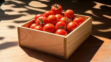 ai genererad en trä- låda innehar tomater i de Sol foto