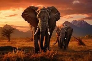 ai genererad elefanter i de savann av amboseli nationell parkera, kenya, elefanter korsning de olifant flod, kväll skott, kruger nationell parkera, ai genererad foto