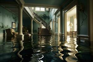 ai genererad interiör av en simning slå samman i en hotell. 3d tolkning, översvämmad hus med rum full av vatten, ai genererad foto