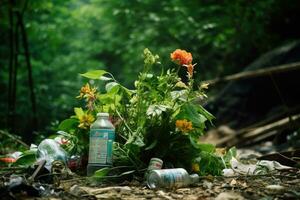 ai genererad plast flaskor och skräp på de jord i de skog. miljö- förorening begrepp, sopor lugg i de skog bland växter, toxisk plast in i natur överallt, ai genererad foto