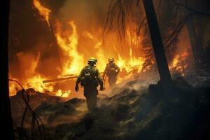 ai genererad brandmän stridande en brand i de skog. 3d tolkning, brandmän slåss en löpeld, ai genererad foto