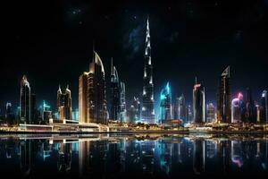 ai genererad dubai horisont på natt med reflexion på de vatten, förenad arab emirater, dubai panorama- natt se, ai genererad foto