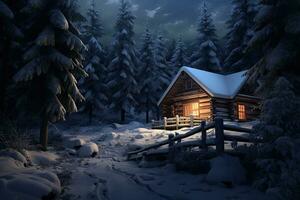 ai genererad trä- stuga i vinter- skog på natt, karpaterna, Ukraina, ai genererad foto