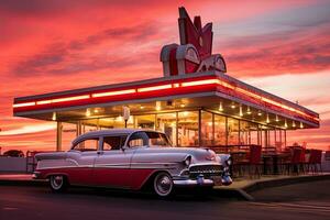 ai genererad amerikan retro bil i främre av en snabb mat restaurang på solnedgång, ai genererad foto