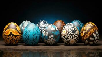 ai genererad många målad påsk ägg lägga i en rad på en duk foto