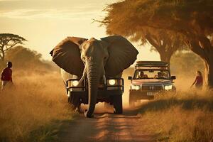 ai genererad afrikansk safari i kenya, afrika. turister med ett elefant på de väg, ai genererad foto