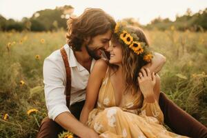 ai genererad Lycklig par i kärlek kramas och kissing i de fält med solrosor, en boho bröllop i en solros fält, ai genererad foto