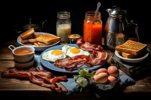 ai genererad frukost med friterad ägg, bacon och skålar på trä- tabell, en frukost spridning med ägg, bacon, rostat bröd, och nyligen pressas juice, ai genererad foto