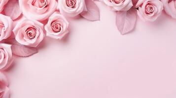 ai genererad rosa pastell valentines dag bakgrund med kopia Plats och bröllop gyllene ringar foto