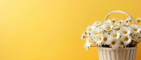 ai genererad vit blomma behållare i en korg över en gul bakgrund foto