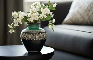 ai genererad en svart vas med blommor i den på ett ottoman foto