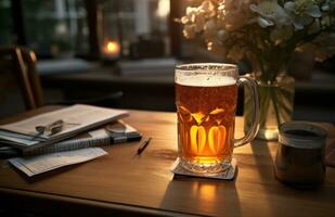 ai genererad en öl glas med ljus lysande genom på de tabell foto