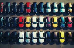 ai genererad en grupp av färgrik bilar parkerad i rader foto