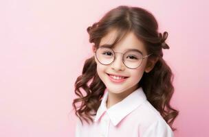 ai genererad Lycklig ung flicka bär glasögon på en rosa bakgrund foto