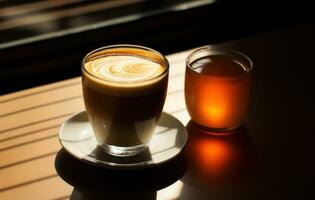 ai genererad latte mot kaffe för lunch på en populär restaurang foto