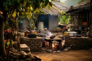 ai genererad thai mat på de trä- tabell i de trädgård. thailand, en livliga utomhus- kök i lantlig vietnam, ai genererad foto