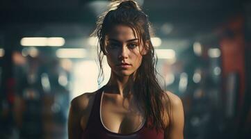 ai genererad en kvinna i en Gym är stansning en boxning väska foto