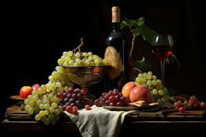 ai genererad fortfarande liv med röd vin, vindruvor och frukt på en mörk bakgrund, en charmig fortfarande liv av frukt och en flaska av vin, ai genererad foto