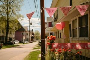 ai genererad färgrik rosa och röd vimplar hängande i främre av en rad av hus, en glad mors dag baner visas tvärs över en små stad, ai genererad foto
