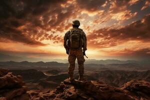 ai genererad soldat i de oss armén stående på topp av sand berg foto