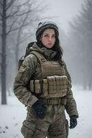 ai genererad en kvinna i militär redskap stående i de snö foto