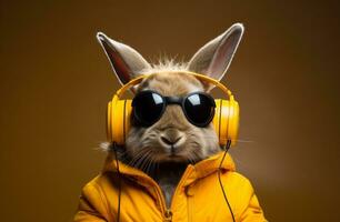 ai genererad kanin i hörlurar med glasögon ser av in i de distans foto