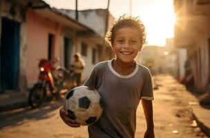 ai genererad en pojke ler och innehar en fotboll boll i främre en stad foto