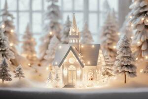 ai genererad vit chalet med nativity scen med belyst jul lampor foto