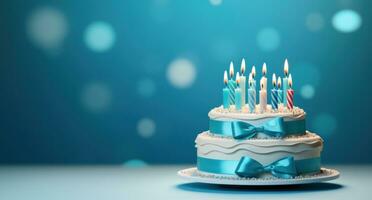 ai genererad födelsedag kaka två ljus på topp av en blå kaka på de tabell foto