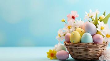 ai genererad en färgrik påsk korg överfyllda med pastell ägg och vår blommor på en blå bakgrund foto