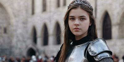 ai genererad en ung kvinna i medeltida rustning stående i främre av en slott foto