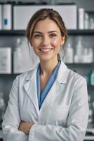 ai genererad en skön leende kvinna bär en labb täcka i de laboratorium foto