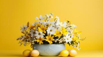 ai genererad en vibrerande påsk ägg och blomma arrangemang foto