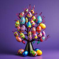ai genererad en vibrerande bild av en dekorerad påsk ägg träd foto