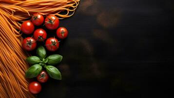 ai genererad pasta på svart bakgrund med kopia Plats foto