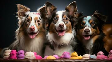 ai genererad hundar i födelsedag keps på levande bakgrund foto