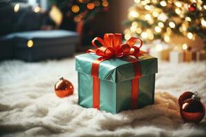 ai genererad jul dekorativ med gåva låda och snöflinga på jul träd och glad jul och Lycklig ny år. vinter- Semester firande attrapp grön Färg foto