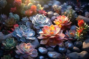 ai genererad en färgrik bakgård med stenar och saftig blommor foto